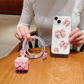 苹果手机壳公主粉色蝴蝶结细节蝴蝶结仿珍珠手机壳套装，配有匹配的快速充电保护壳，可爱的电缆夹