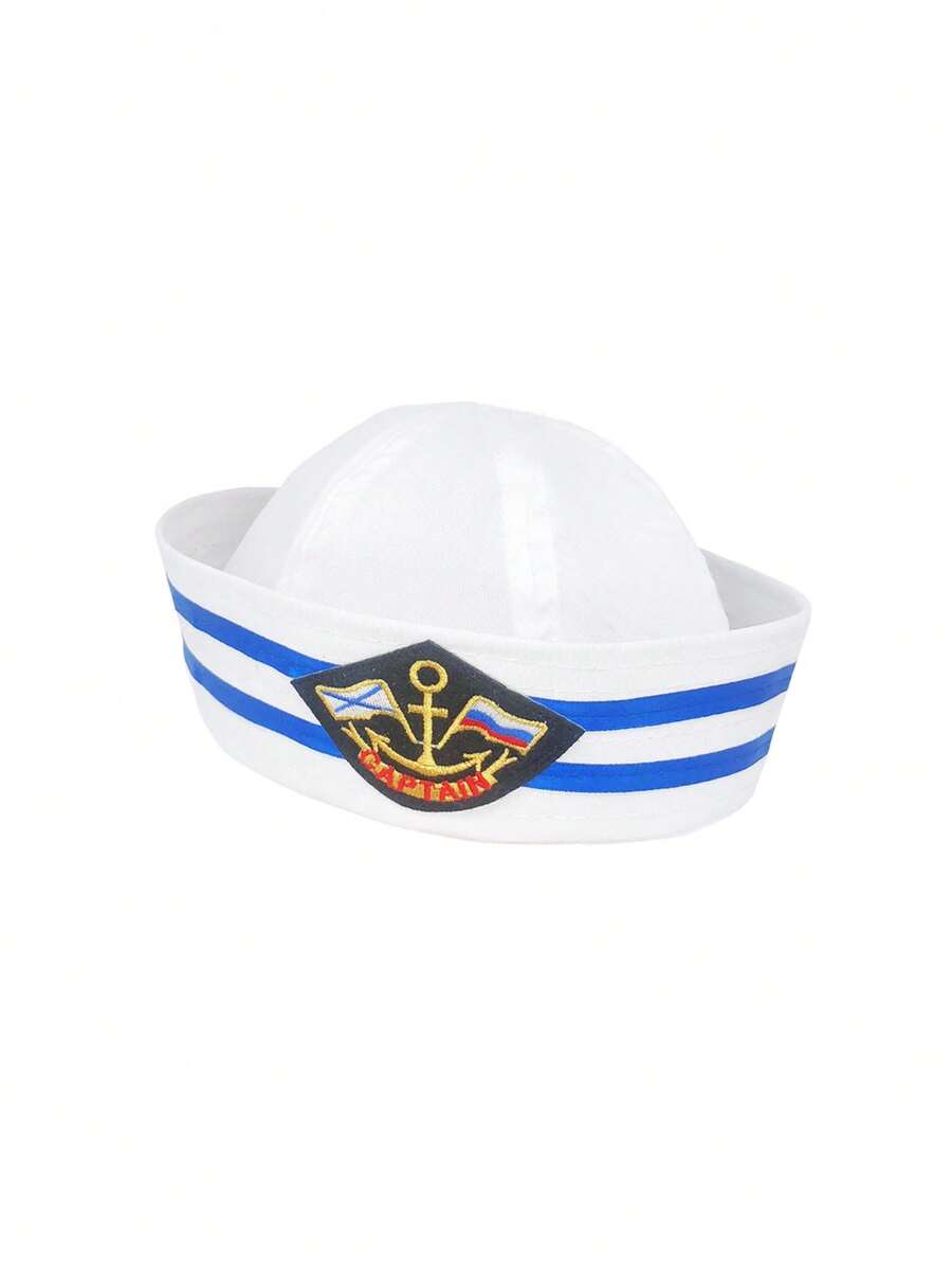 1 gorra de marinero con parte superior redonda y borde enrollado, color blanco con logotipo de ancla bordado y diseño de capitán - Azul - Ver 1