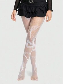 1pc Women Sexy High Waist Snake Pattern Cut-Out Fishnet Stockings Gothic Style Sheer Pantyhose With Hollowed-Out Design - White - View 2