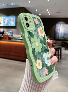 1 szt. Piękny kwiat i nadruk alfabetu Kolorowe wzorzyste miętowo-zielone faliste etui na telefon kompatybilne z Apple/Samsung/Xiaomi