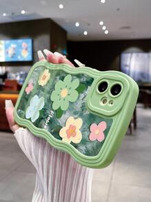 1 szt. Piękny kwiat i nadruk alfabetu Kolorowe wzorzyste miętowo-zielone faliste etui na telefon kompatybilne z Apple/Samsung/Xiaomi