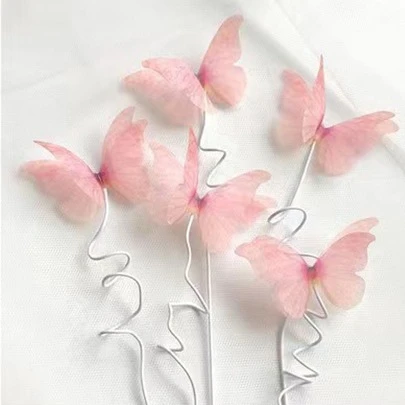 5 件烘焙蛋糕装饰蓝色雪纺丝蝴蝶，生日蛋糕装饰，派对甜品桌装饰，蛋糕顶部装饰