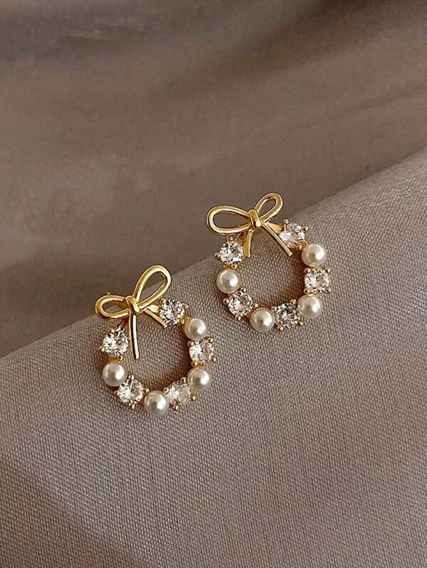 1 Pair Delicate Bow Knot & Faux Pearl Stud Earrings, Suitable For Women's Daily Wear Valentines,Mom,Mother,Mother's Day,Gift
