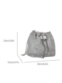 Mini Plain Glitter Diamond Fashion Evening Bag Shiny Drawstring Bucket Bag With Metal Chain Strap For Women To Use As Shoulder Bag For Party Outdoor Activities - Silver - View 4