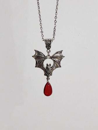 A Dark Gothic Style Exaggerated Bat Red Water Drop Pendant Necklace Suitable For Women Daily Wear Stainless Steel Chain: 50cm