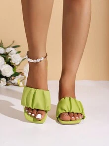 Phụ Nữ Mùa Hè Giày Màu Trơn Thời Trang Giày Sandal Xếp Ly Phong Cách Đơn Giản Dép Chun Giày Cao Gót Peep-Toe Xanh Trượt - màu xanh lá - Xem 2