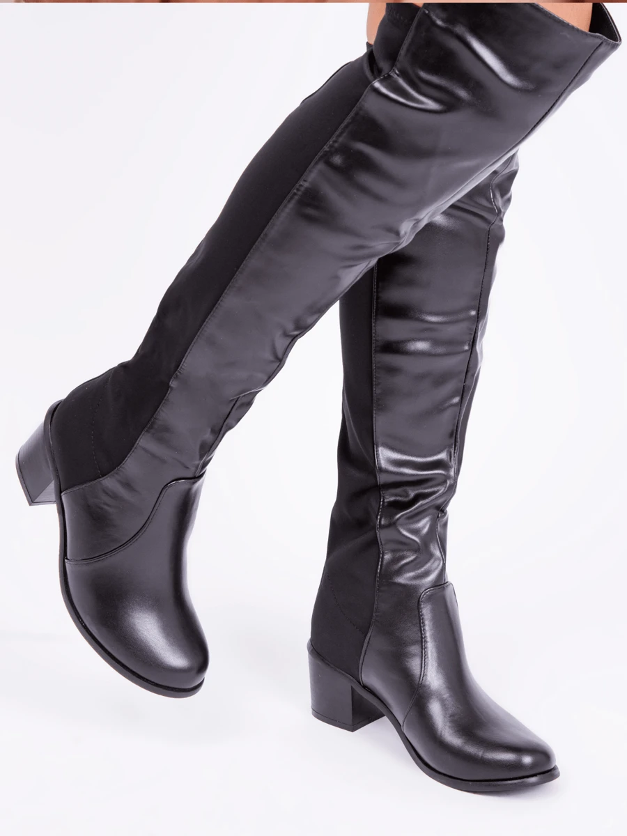 Where’s That From Britta Thigh High Mid Heeled Boots In Faux Leather.