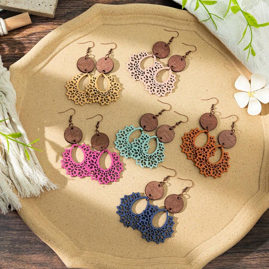 1 Đôi Bông tai hình tròn bằng gỗ phong cách Bohemian cổ điển dành cho nữ - Nhiều màu - Xem 1