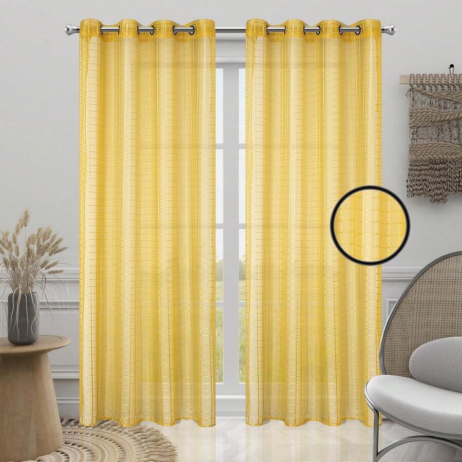 2 Pieza Moderna Y Simple Cortina Sheer De Color Sólido - Amarillo - Ver 1