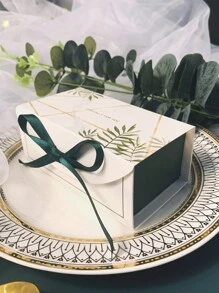 10pcs Leaf Print Gift Box With Ribbon, Paper Candy Box For Wedding