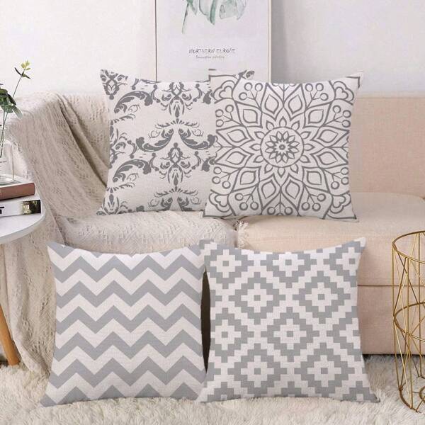 4pcs Linen Single-Sided Printed Throw Pillow Covers, Nordic Style Geometric Pattern, Minimalist Design For Bedroom, Living Room, Sofa, Chair, Dining Room Decor (40cm*40cm, 45cm*45cm, 50cm*50cm, 30cm*300cm)