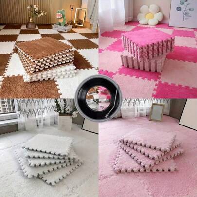 10/12pcs Fluffy Puzzle Floor Mat Rug, Flooring Tiles Soft Climbing Area Rugs, Patchwork Carpet, Anti-Drop Bedside Mat, DIY Rugs, Square Patchwork Grounding Mat, Bedside Carpet, Pile Rug, Large Area, Living Room Bedroom Decor 11.8inX11.8in
