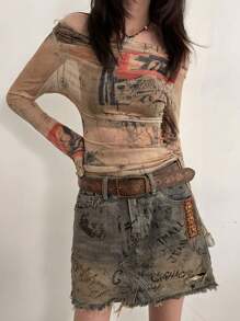 1 pieza Cinturón de mujer de estilo occidental retro con estampado de moda, de color marrón, de piel sintética (PU), para verano y uso escolar