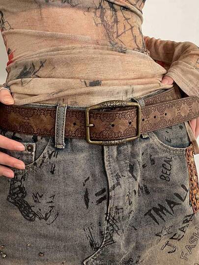 1 قطعة حزام نسائي بني من جلد البولي يوريثان بطبعة غربية كلاسيكية عصرية، مناسب للصيف والمدرسة والخريف وعيد الهالوين