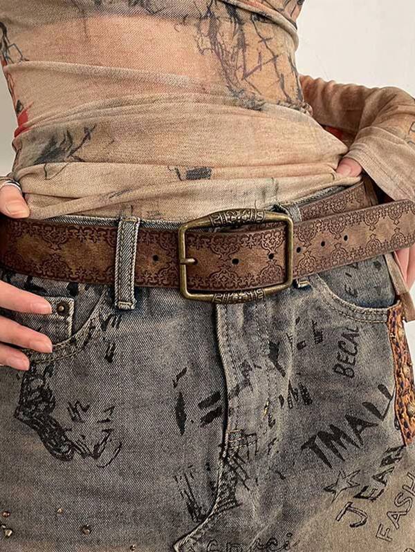 1pc Women Brown PU Western Style Retro Printed Fashionable Belt Summer, School Fall, Autumn, Halloween