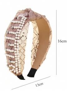 1pc Women's Khaki Mesh & Faux Pearl Knotted Wide Headband Suitable For Daily And Dance Party Use Hair Band Hair Hoop