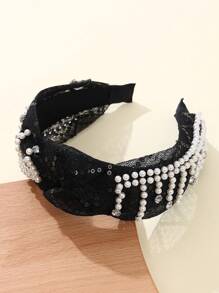 1pc Women's Khaki Mesh & Faux Pearl Knotted Wide Headband Suitable For Daily And Dance Party Use Hair Band Hair Hoop