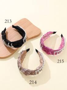 1pc Women's Khaki Mesh & Faux Pearl Knotted Wide Headband Suitable For Daily And Dance Party Use Hair Band Hair Hoop