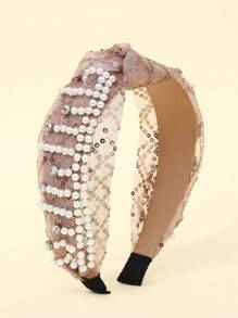 1pc Women's Khaki Mesh & Faux Pearl Knotted Wide Headband Suitable For Daily And Dance Party Use Hair Band Hair Hoop