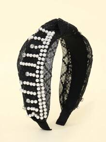 1pc Women's Khaki Mesh & Faux Pearl Knotted Wide Headband Suitable For Daily And Dance Party Use Hair Band Hair Hoop