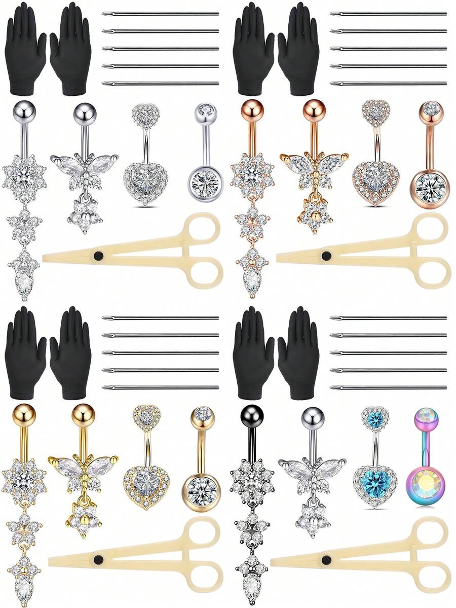 1set Stainless Steel CZ Belly Button Ring DIY Set Including Piercing Tool Butterfly Navel Stud Body Jewelry - Multicolor - View 1