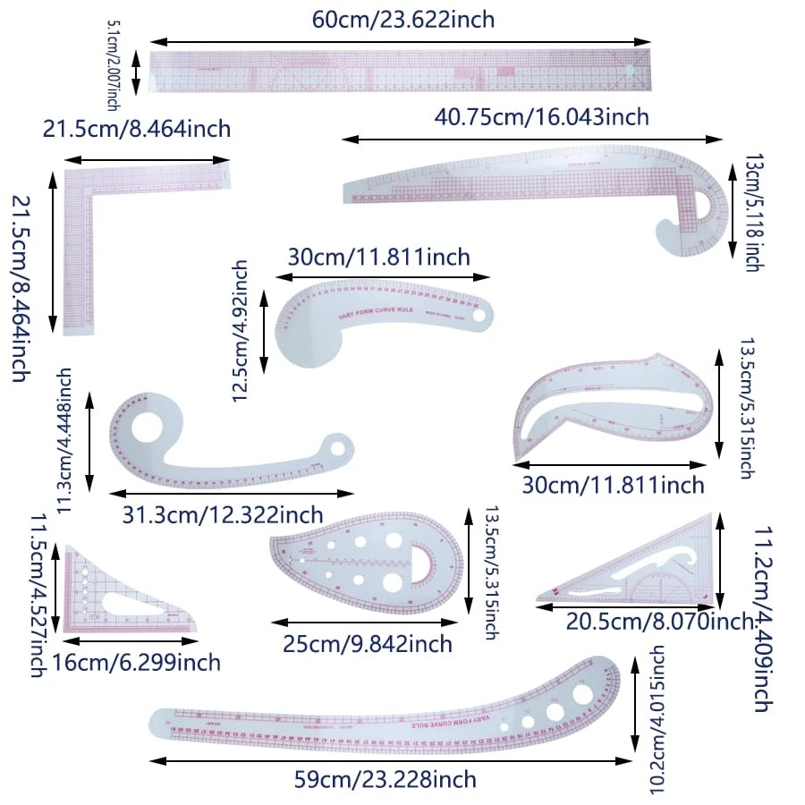 1pc Clothing Pattern Grading Ruler Set, Including Triangle Ruler, Multi
