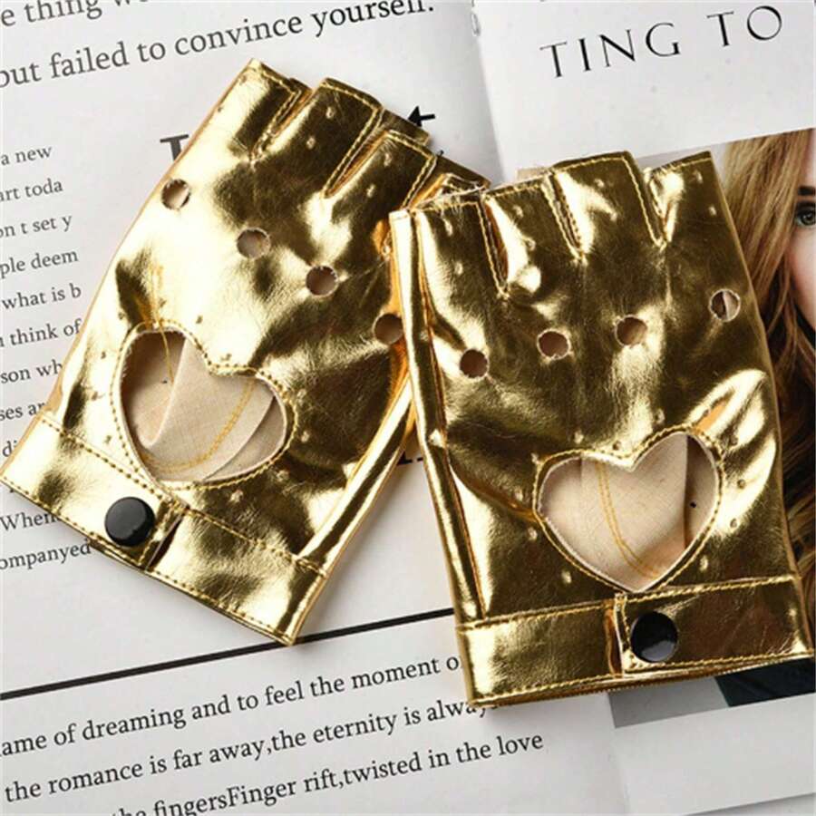Găng Tay Nửa Ngón Punk, Găng Tay Khoét Hở Hình Trái Tim, Găng Tay Unisex - Vàng - Xem 1