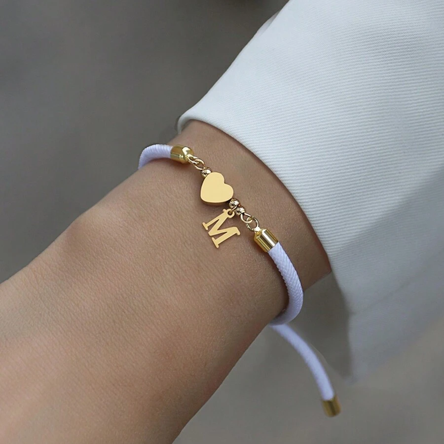 1 pieza Nuevo Brazalete ajustable con cuerda y colgante inicial de acero inoxidable para mujer - Blanco - Ver 1