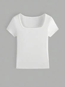 Camiseta de manga corta con cuello cuadrado de hilo tejido para mujer, simple y elegante, versátil, estilo ajustado y fresco, camiseta superior deportiva y cómoda que absorbe el sudor y es transpirable para fitness y otros deportes