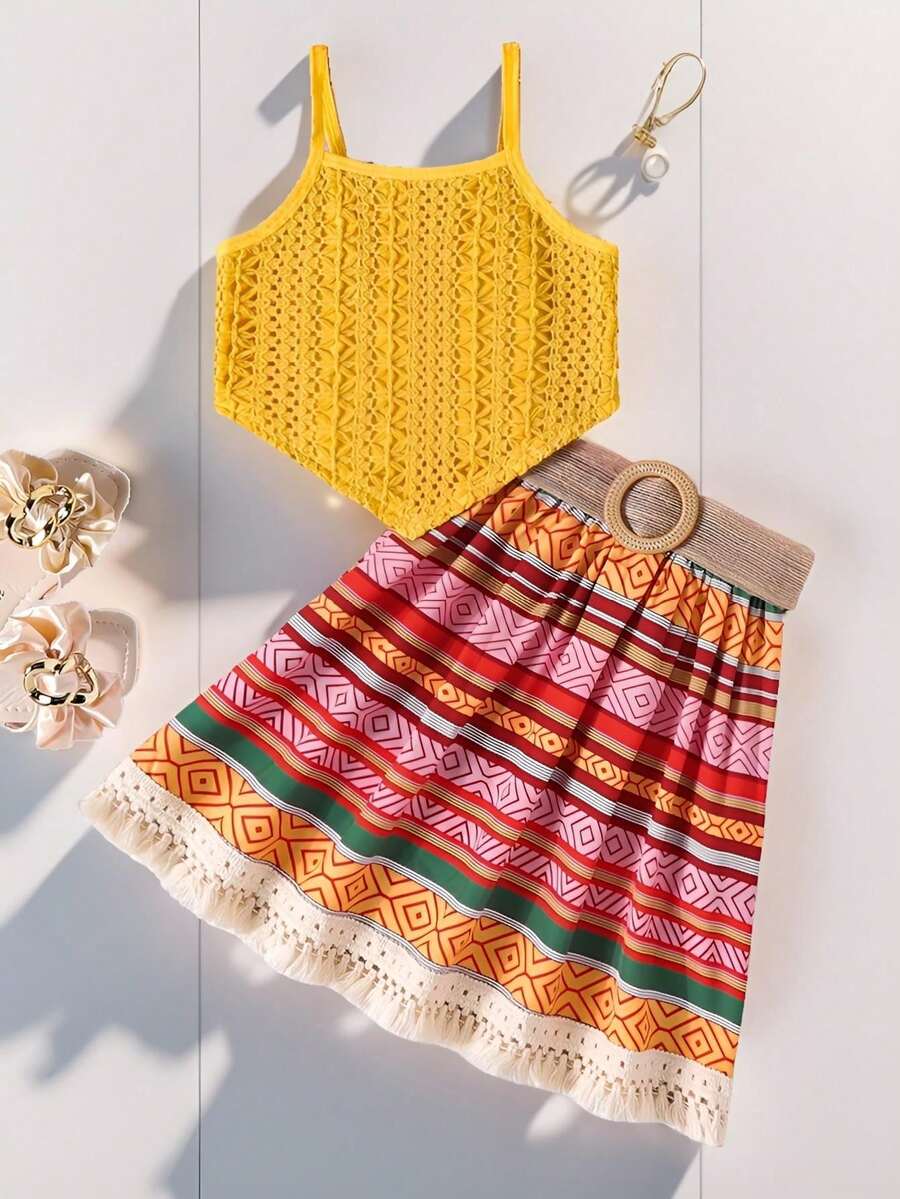 女孩休閒純色背心上衣 + 波西米亞風格拼接印花裙套裝配腰帶 - 黃色 - 查看 1