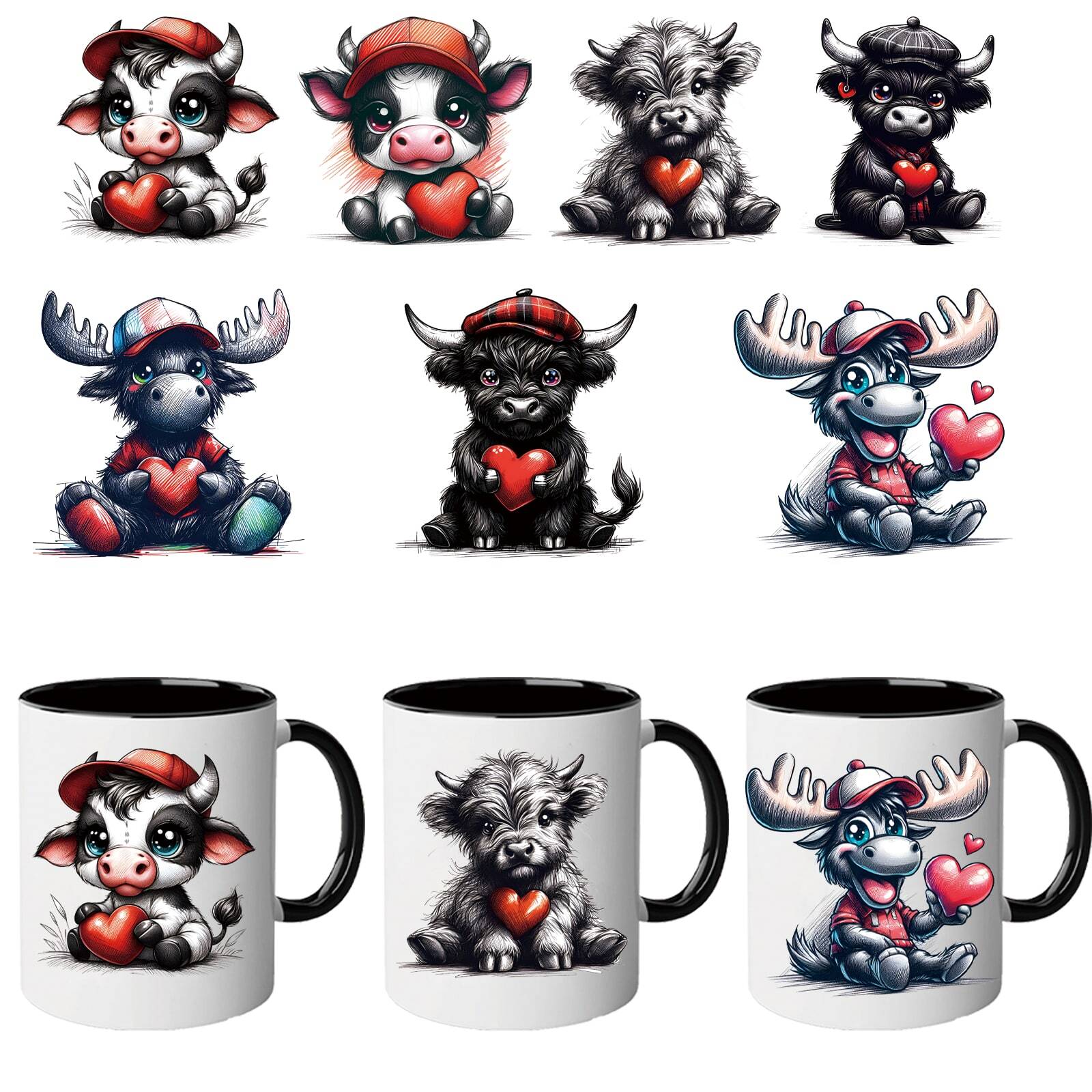 7pcs UV DTF Transfer Highland Cow Heart Design Stickers, DIY Wrap