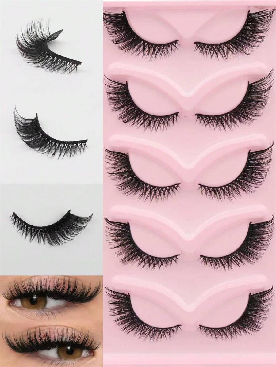 5 Pairs Thick And Curly Crossed False Eyelashes With Black Stem Natural