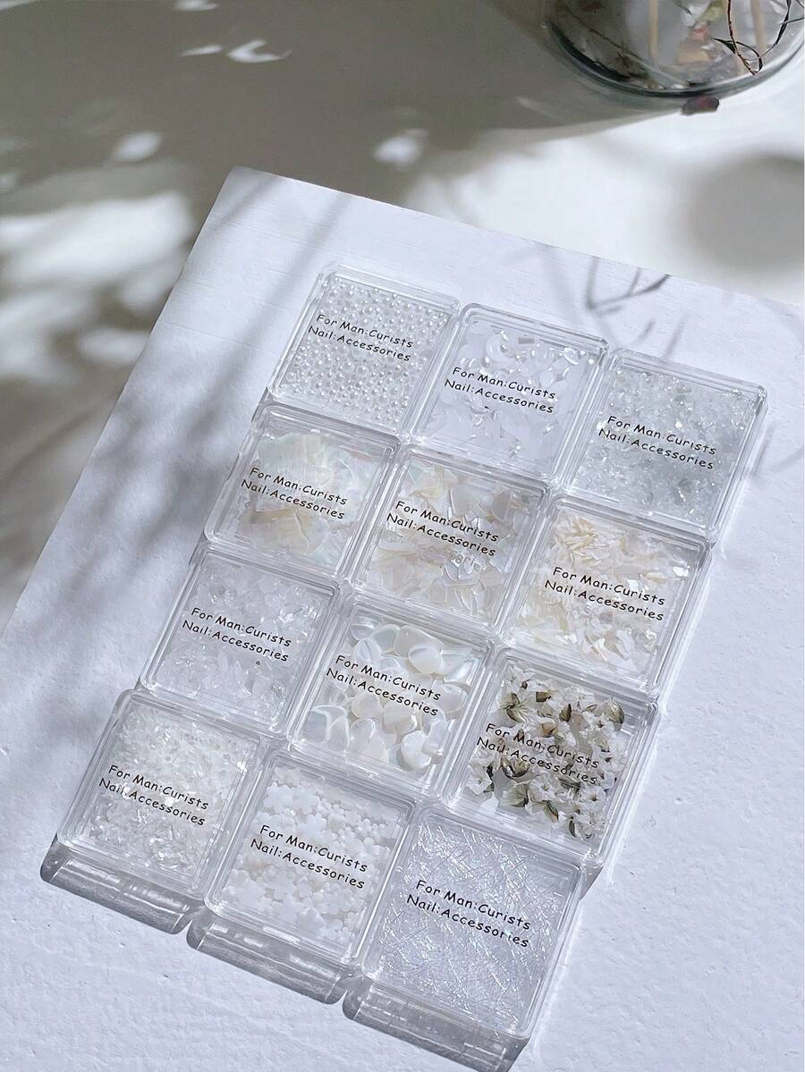一套12盒白色网红日式美甲清新樱花亮片钢珠金线白色花瓣指甲装饰美甲配件 - 白色 - 查看 1