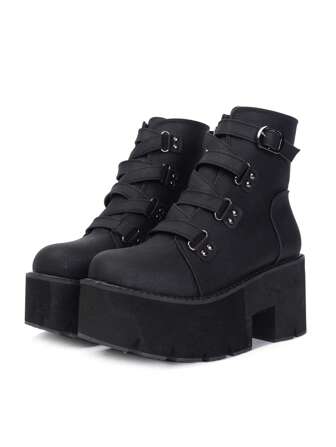 Dark Gothic Metal Punk Women Short Boots With Buckles, Saw-Tooth Soles, Thick Platform And Hollow Out Design For Spring And Autumn