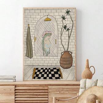 1PC Bath Frog Oil Painting On Canvas Wall Art Decoration, Fun Print Poster Pictures Room Decoration, Bathroom Decoration, Gifts For Friends, Fall Decoration, Hallway, Bedroom, Study Wall Decoration(No Frame/Framed)