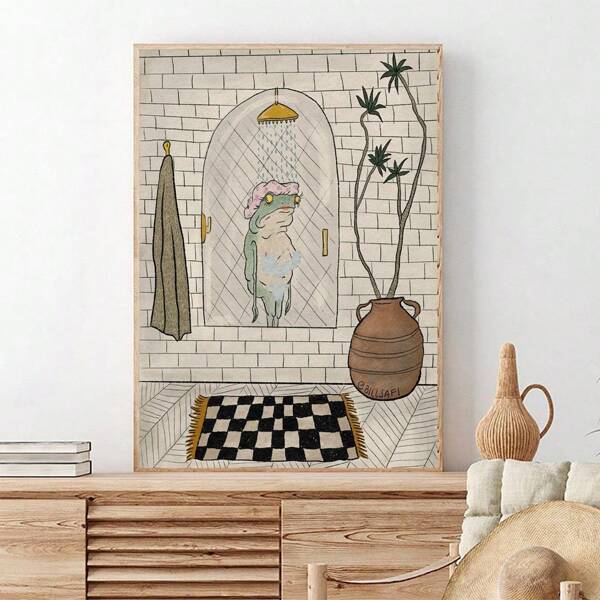 1 pièce Peinture à l"huile sur canevas de bain Grenouille décoration murale, Affiche amusante d"impression d"image d"art pour la décoration d"une pièce, Décoration de salle de bain, Cadeaux pour les amis, Décoration d"automne, Décoration de couloir, décoration murale de chambre à coucher et d"étude (sans cadre)