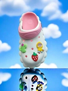 1pair Unisex Cartoon Pattern Eva Sandals With Double Holes Design, Flat Sole, Suitable For Spring And Summer - Watermelon Pink - View 5