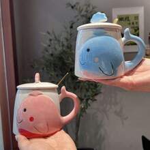 1 Pieza 400ml Taza De Cerámica Con Diseño Hecho A Mano De Ballena De Dibujos Animados, Viene Con Cuchara, Adecuada Para Regalo, Uso En El Hogar Como Taza De Desayuno - Rosa - Ver 8