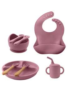 PopLittleOne 8PCS Children's Tableware Set Baby Dishes Sucker Plate Bowl Utensils Soft Silicone Cup Bibs Spoon Fork Sets Mother Kids Tableware Baby Items - Pink - View 3