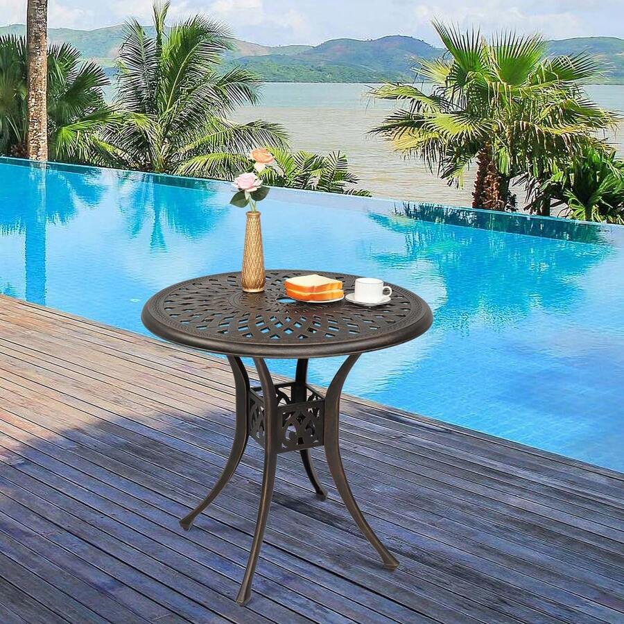 Patio Dining Table Outdoor Furniture, Round Diamond Top Patio Cast Aluminum Table Large Table For Patio, Garden, Porch And Poolside, 30.71" X 30.71" X 29.53" - 銅色 - 查看 1