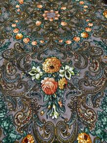 Women's Oversized Printed Traditional Scarf, Multicolor Rose Blossom With Tassels For Various Use Boho - Multicolor - View 28