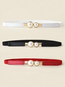 1/3pcs Women Elastic Waist Cincher, Pearl Buckle Skinny Waist Belt, Bow Tie Elastic Waistband, Fashion Versatile Waist Belt For Dress, Sweater, Jacket, Women Alloy Buckle Waist Belt