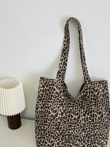 1 pezzo Borsa a spalla con stampa leopardata, borsa alla moda di grande capacità in materiale tela, borsa da spiaggia, personalizzabile, borsa con stampa leopardata alla moda