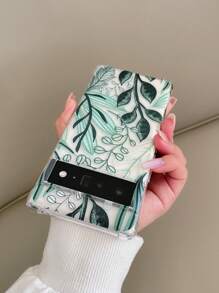 Summer 1pc Minimalist High-Transparency TPU Four-Corner Anti-Drop Soft Case Hollowed-Out Painted Green Leaves Printed Phone Protective Shell, Compatible With Pixel 7 Pro, IPhone 15 Pro And Models