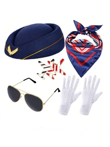 5 Stücke Zubehör für Flugbegleiter Kostüm, Stewardess Outfit, Flugbegleiter Hut, Flugzeug Brosche, Sonnenbrille, Schal, Handschuhe, Halloween