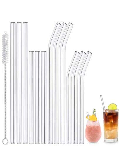 5/9/12/16 piezas Pajitas de vidrio reutilizables con cepillo de limpieza, de 7.8"X0.31" y 5.9"X0.31" de vidrio transparente, ideales para zumo, batidos y cócteles, cocina, regalo de Navidad, útiles escolares
