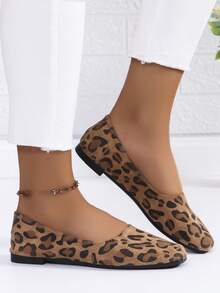 Zapatos planos de mujer con estampado de leopardo, cómodos zapatos de mujer de punta cuadrada, zapatos informales de primavera/otoño para mujer - Amarillo - Ver 4