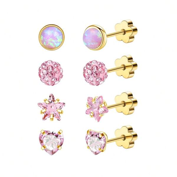 4 paires de boucles d'oreilles sans allergie à dos plat pour femmes, boucles d'oreilles en or 14 carats pour cartilage avec pierre d'opale AB ou forme de cœur en Zirconia Cubique, boucles d'oreilles à vis, couleurs rose et argent, convient aux hommes, femmes ou filles pour la Saint-Valentin