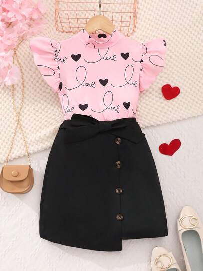 Tween Girl, primăvară/vară, 2 buc. Set de tricouri și fuste casual cu mânecă scurtă, cu imprimeu inimă