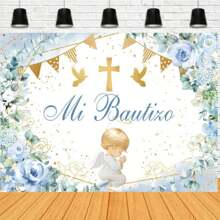 First Baptism Photography Backdrop Holy Christening Party Decor Banner Photo Background God Bless Flowers,